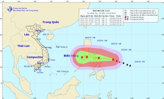 Bão Melor hoạt động gần Biển Đông có sức gió giật cấp 16-17