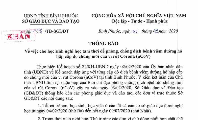 Bình Phước cho học sinh nghỉ học đến hết tuần để phòng chống dịch corona Bình Phước cho học sinh nghỉ học đến hết tuần để phòng chống dịch corona
