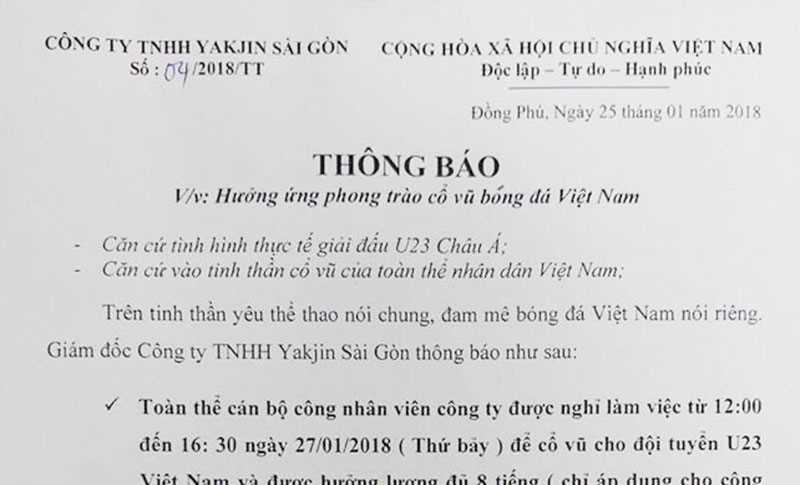 Nhiều công ty cho công nhân nghỉ làm, cổ vũ U23 Việt Nam trận chung kết Nhiều công ty cho công nhân nghỉ làm, cổ vũ U23 Việt Nam trận chung kết