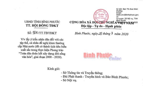 Lấy ý kiến nhân dân với tập thể, cá nhân đề nghị khen thưởng cấp Nhà nước