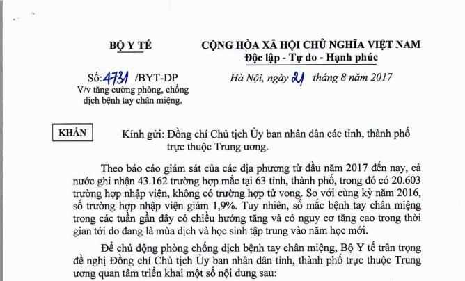 Hơn 43.000 người mắc bệnh tay chân miệng, Bộ Y tế chỉ đạo khẩn Hơn 43.000 người mắc bệnh tay chân miệng, Bộ Y tế chỉ đạo khẩn