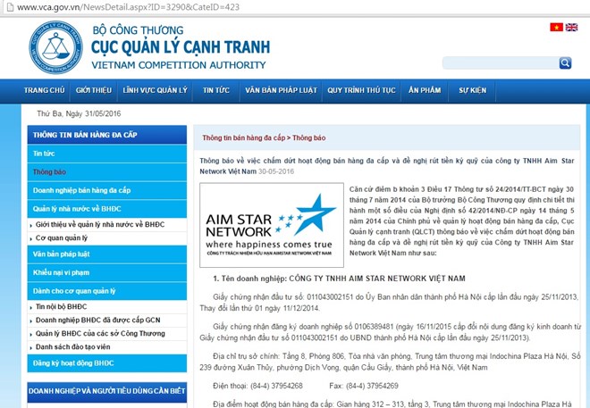 Chấm dứt hoạt động bán hàng đa cấp của Aim Star Network Việt Nam Chấm dứt hoạt động bán hàng đa cấp của Aim Star Network Việt Nam