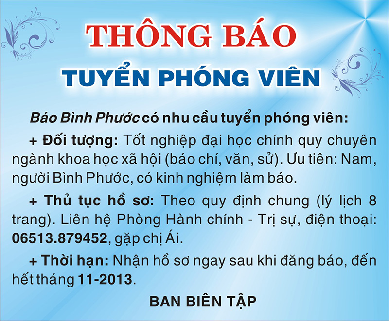 Báo Bình Phước Thông báo tuyển phóng viên