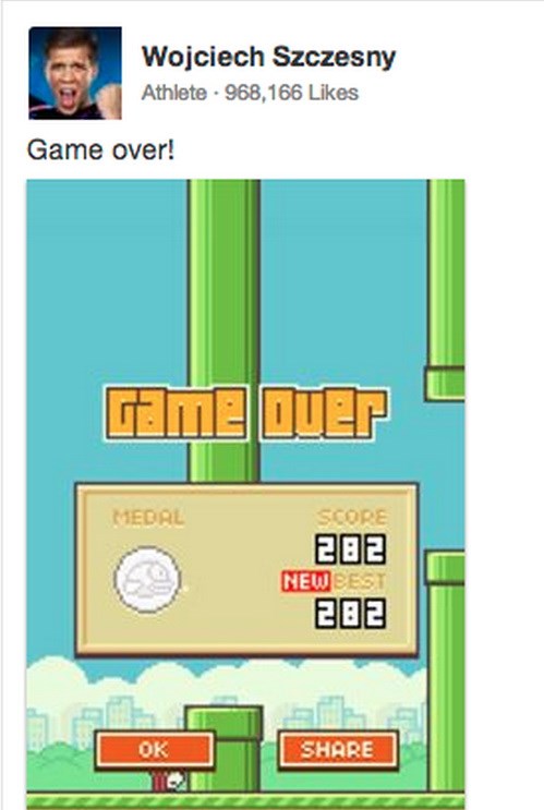 Szczesny trút giận vào Flappy Bird sau trận thua Liverpool